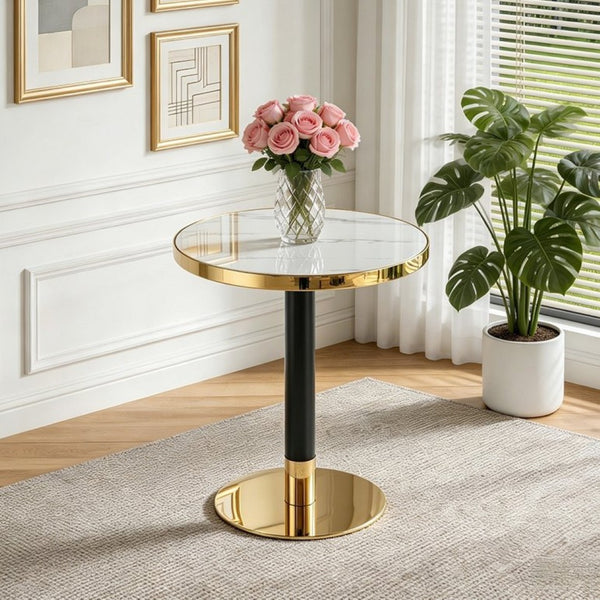 English Elm 23.6 Inch Round Faux Marble Bistro Table with Stainless Steel Edge and Metal Base White W1151P445186