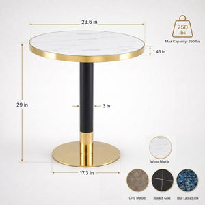 English Elm 23.6 Inch Round Faux Marble Bistro Table with Stainless Steel Edge and Metal Base White W1151P445186