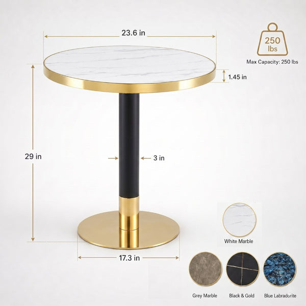English Elm 23.6 Inch Round Faux Marble Bistro Table with Stainless Steel Edge and Metal Base White W1151P445186