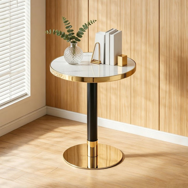 English Elm 23.6 Inch Round Faux Marble Bistro Table with Stainless Steel Edge and Metal Base White W1151P445186
