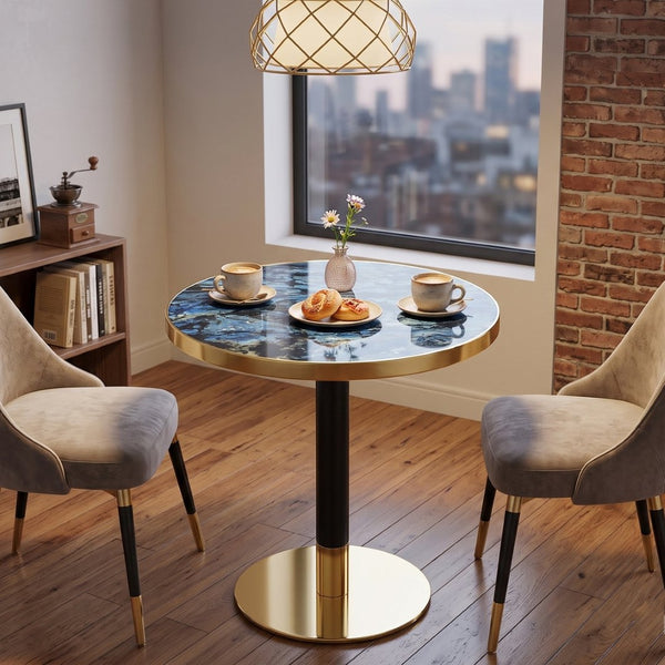 English Elm Mid-Century Round Bistro Table Faux Stone Gloss Top Gold Black Base Small Dining W1151P445187