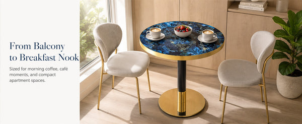 English Elm Mid-Century Round Bistro Table Faux Stone Gloss Top Gold Black Base Small Dining W1151P445187