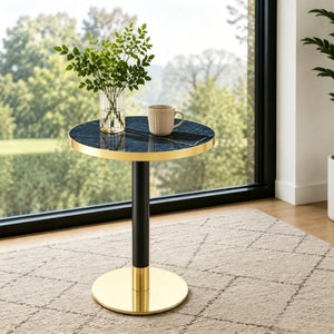 English Elm Mid-Century Round Bistro Table Faux Stone Gloss Top Gold Black Base Small Dining W1151P445187