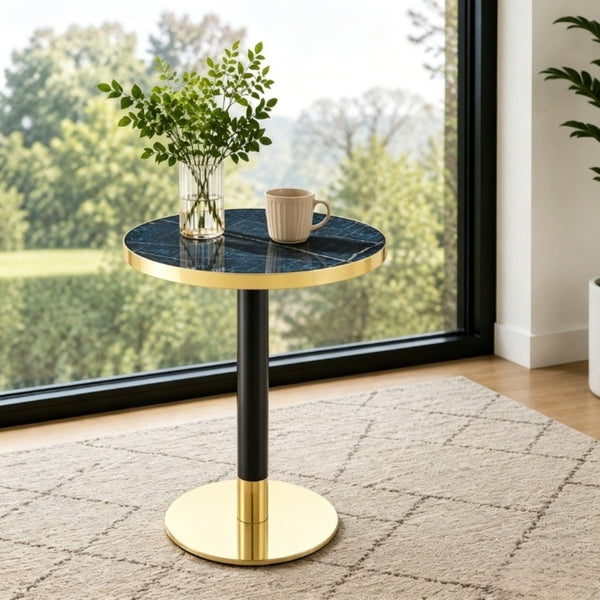 English Elm Mid-Century Round Bistro Table Faux Stone Gloss Top Gold Black Base Small Dining W1151P445187