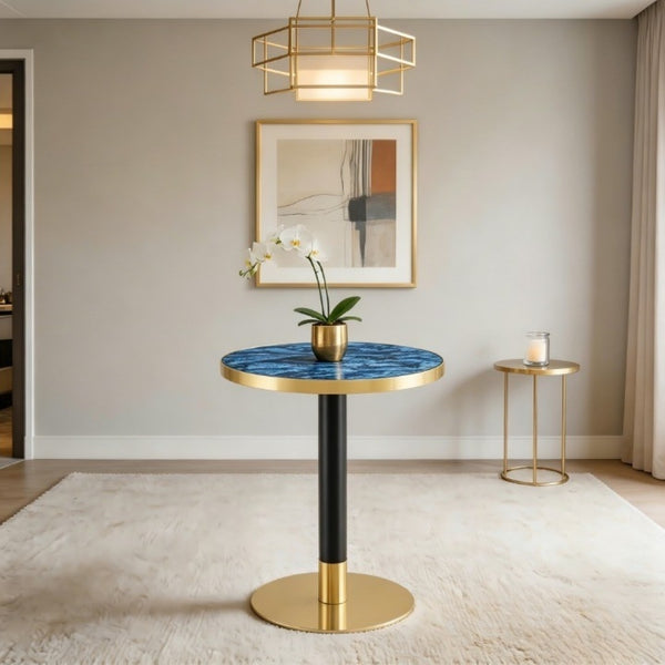 English Elm Mid-Century Round Bistro Table Faux Stone Gloss Top Gold Black Base Small Dining W1151P445187