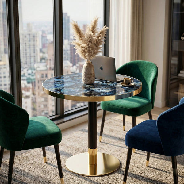 English Elm Mid-Century Round Bistro Table Faux Stone Gloss Top Gold Black Base Small Dining W1151P445187