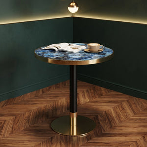 English Elm Mid-Century Round Bistro Table Faux Stone Gloss Top Gold Black Base Small Dining W1151P445187