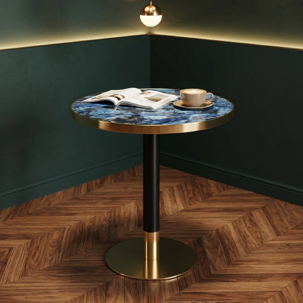 English Elm Mid-Century Round Bistro Table Faux Stone Gloss Top Gold Black Base Small Dining W1151P445187