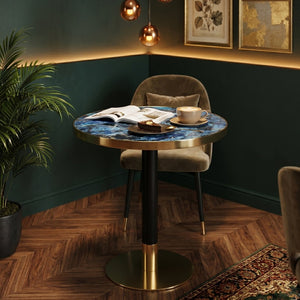 English Elm Mid-Century Round Bistro Table Faux Stone Gloss Top Gold Black Base Small Dining W1151P445187
