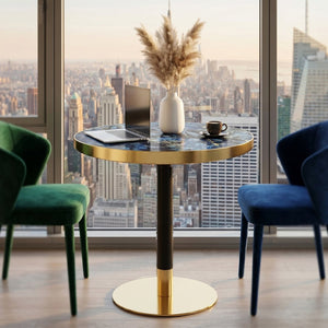 English Elm Mid-Century Round Bistro Table Faux Stone Gloss Top Gold Black Base Small Dining W1151P445187