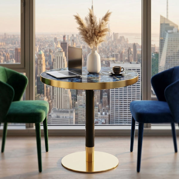 English Elm Mid-Century Round Bistro Table Faux Stone Gloss Top Gold Black Base Small Dining W1151P445187