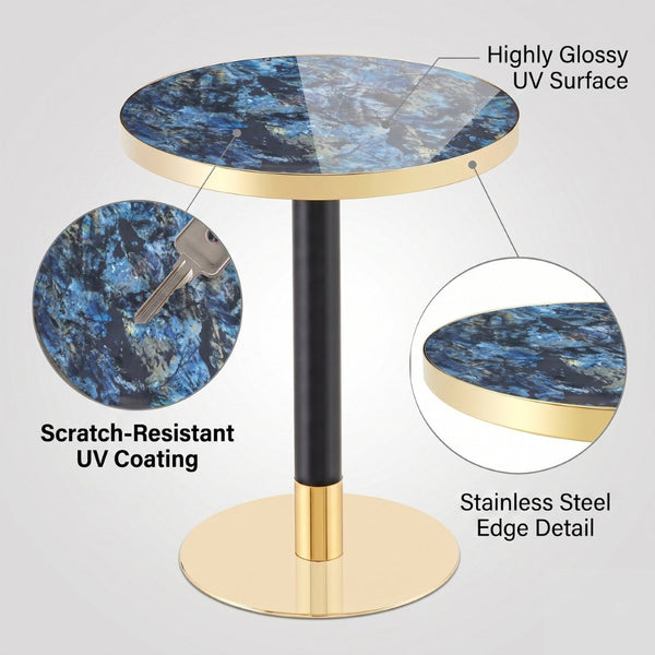 English Elm Mid-Century Round Bistro Table Faux Stone Gloss Top Gold Black Base Small Dining W1151P445187