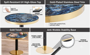 English Elm Mid-Century Round Bistro Table Faux Stone Gloss Top Gold Black Base Small Dining W1151P445187