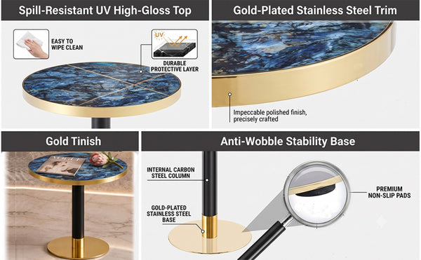 English Elm Mid-Century Round Bistro Table Faux Stone Gloss Top Gold Black Base Small Dining W1151P445187