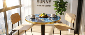 English Elm Mid-Century Round Bistro Table Faux Stone Gloss Top Gold Black Base Small Dining W1151P445187