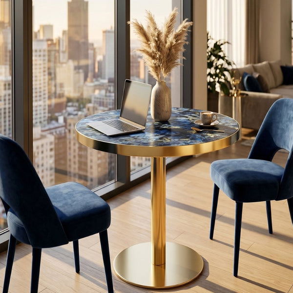 English Elm 23.6 Inch Round Bistro Table Faux Marble MDF Top Stainless Steel Base Modern Glam W1151P445188