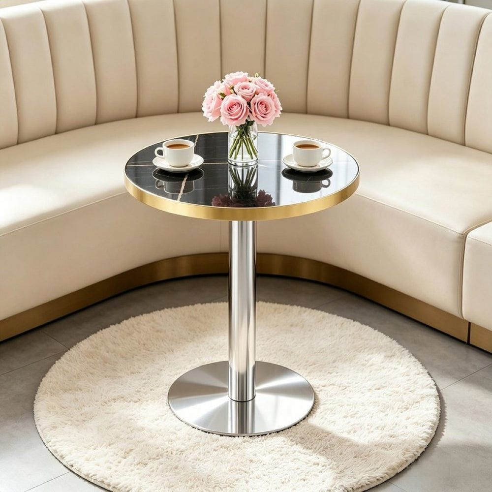 English Elm 23.6 Inch Round Faux Marble Bistro Table with Stainless Steel Edge and Metal Base Black - B W1151P445189