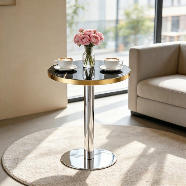 English Elm 23.6 Inch Round Faux Marble Bistro Table with Stainless Steel Edge and Metal Base Black - B W1151P445189