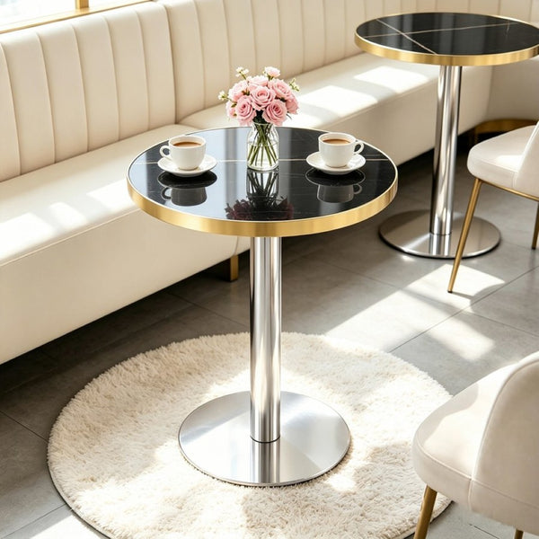 English Elm 23.6 Inch Round Faux Marble Bistro Table with Stainless Steel Edge and Metal Base Black - B W1151P445189