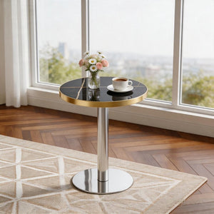 English Elm 23.6 Inch Round Faux Marble Bistro Table with Stainless Steel Edge and Metal Base Black - B W1151P445189