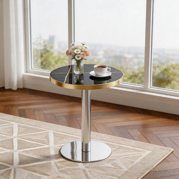 English Elm 23.6 Inch Round Faux Marble Bistro Table with Stainless Steel Edge and Metal Base Black - B W1151P445189