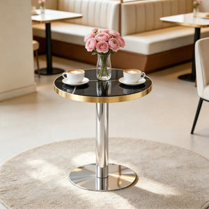 English Elm 23.6 Inch Round Faux Marble Bistro Table with Stainless Steel Edge and Metal Base Black - B W1151P445189