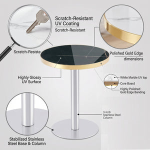 English Elm 23.6 Inch Round Faux Marble Bistro Table with Stainless Steel Edge and Metal Base Black - B W1151P445189