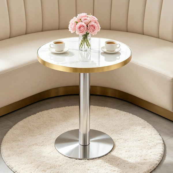 English Elm Minimalist Round Faux Marble Bistro Table with Steel Base for Compact Dining Spaces W1151P445190