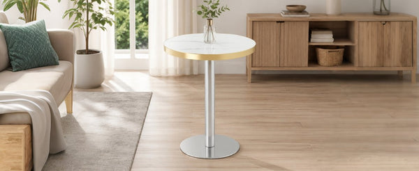 English Elm Minimalist Round Faux Marble Bistro Table with Steel Base for Compact Dining Spaces W1151P445190