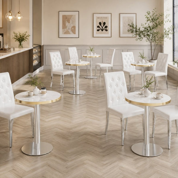 English Elm Minimalist Round Faux Marble Bistro Table with Steel Base for Compact Dining Spaces W1151P445190