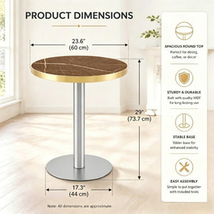 English Elm Modern Round Bistro Table Faux Marble Top Gold Trim Stainless Base Cafe Style W1151P445191