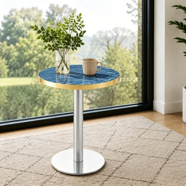 English Elm 23.6 Round Faux Marble Bistro Table with Steel Edging and Metal Base for Small Dining Spaces W1151P445192