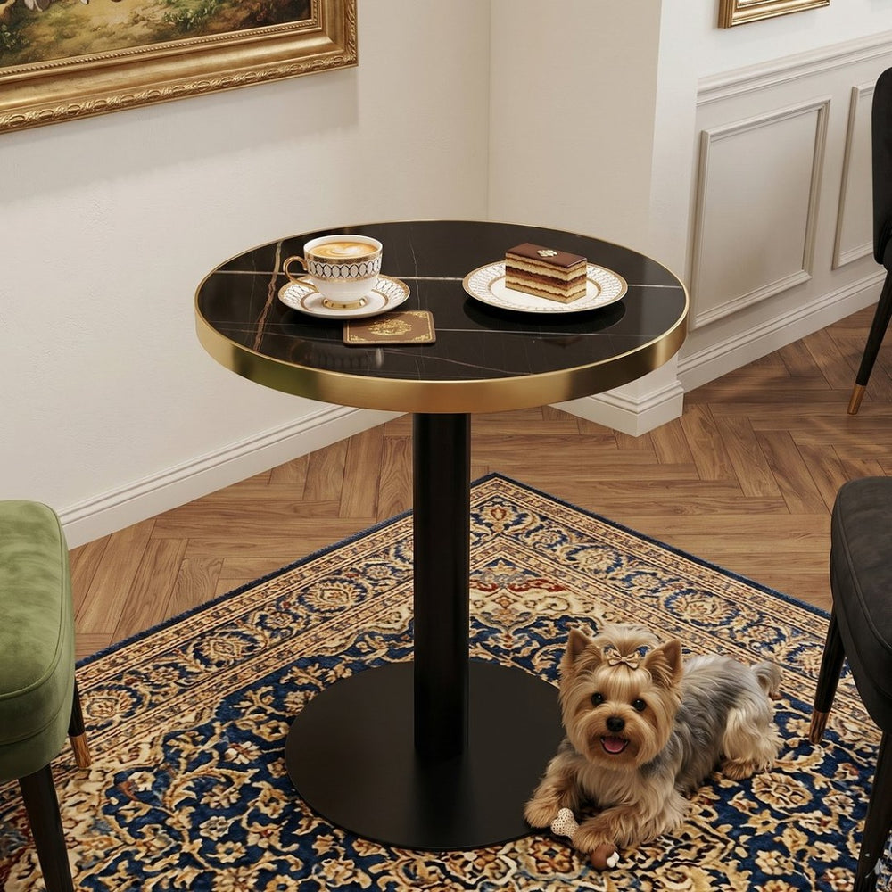 English Elm 23.6 Inch Round Marble Faux Finish Bistro Table with Stainless Steel Edge Metal Base Black W1151P445193