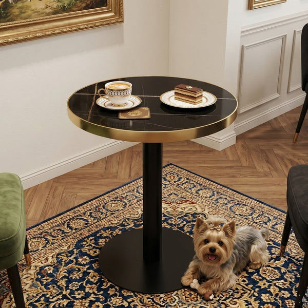 English Elm 23.6 Inch Round Marble Faux Finish Bistro Table with Stainless Steel Edge Metal Base Black W1151P445193