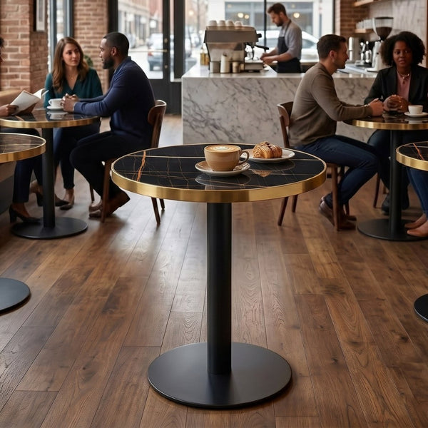 English Elm 23.6 Inch Round Marble Faux Finish Bistro Table with Stainless Steel Edge Metal Base Black W1151P445193