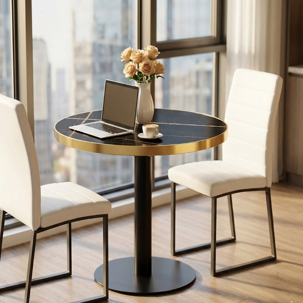 English Elm 23.6 Inch Round Marble Faux Finish Bistro Table with Stainless Steel Edge Metal Base Black W1151P445193