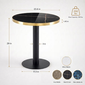 English Elm 23.6 Inch Round Marble Faux Finish Bistro Table with Stainless Steel Edge Metal Base Black W1151P445193