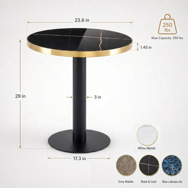 English Elm 23.6 Inch Round Marble Faux Finish Bistro Table with Stainless Steel Edge Metal Base Black W1151P445193