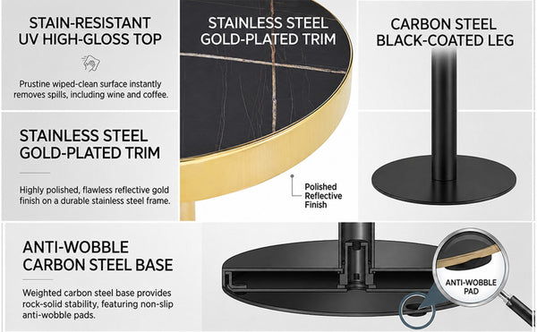 English Elm 23.6 Inch Round Marble Faux Finish Bistro Table with Stainless Steel Edge Metal Base Black W1151P445193