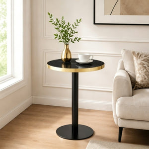English Elm 23.6 Inch Round Marble Faux Finish Bistro Table with Stainless Steel Edge Metal Base Black W1151P445193