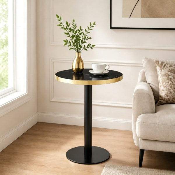 English Elm 23.6 Inch Round Marble Faux Finish Bistro Table with Stainless Steel Edge Metal Base Black W1151P445193