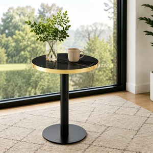 English Elm 23.6 Inch Round Marble Faux Finish Bistro Table with Stainless Steel Edge Metal Base Black W1151P445193