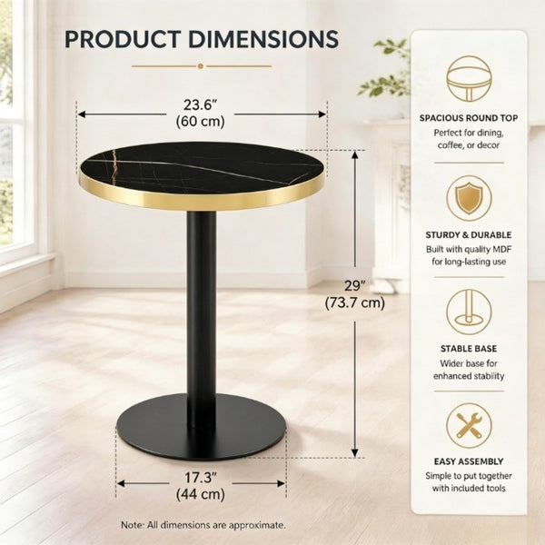 English Elm 23.6 Inch Round Marble Faux Finish Bistro Table with Stainless Steel Edge Metal Base Black W1151P445193