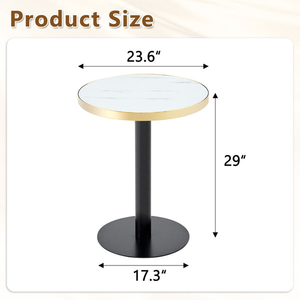English Elm 23.6 Inch Round Marble Faux Finish Bistro Table with Stainless Steel Edge Metal Base White+Black W1151P445194
