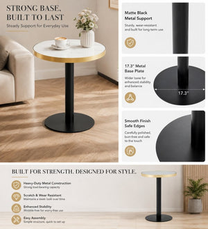 English Elm 23.6 Inch Round Marble Faux Finish Bistro Table with Stainless Steel Edge Metal Base White+Black W1151P445194