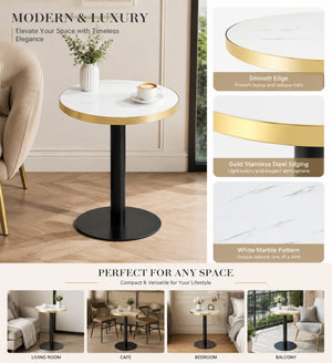 English Elm 23.6 Inch Round Marble Faux Finish Bistro Table with Stainless Steel Edge Metal Base White+Black W1151P445194