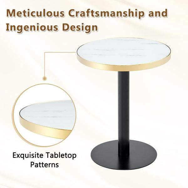 English Elm 23.6 Inch Round Marble Faux Finish Bistro Table with Stainless Steel Edge Metal Base White+Black W1151P445194
