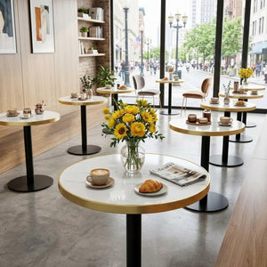 English Elm 23.6 Inch Round Marble Faux Finish Bistro Table with Stainless Steel Edge Metal Base White+Black W1151P445194