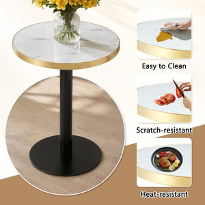 English Elm 23.6 Inch Round Marble Faux Finish Bistro Table with Stainless Steel Edge Metal Base White+Black W1151P445194