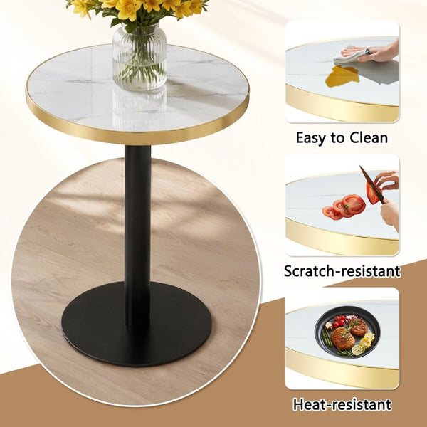 English Elm 23.6 Inch Round Marble Faux Finish Bistro Table with Stainless Steel Edge Metal Base White+Black W1151P445194
